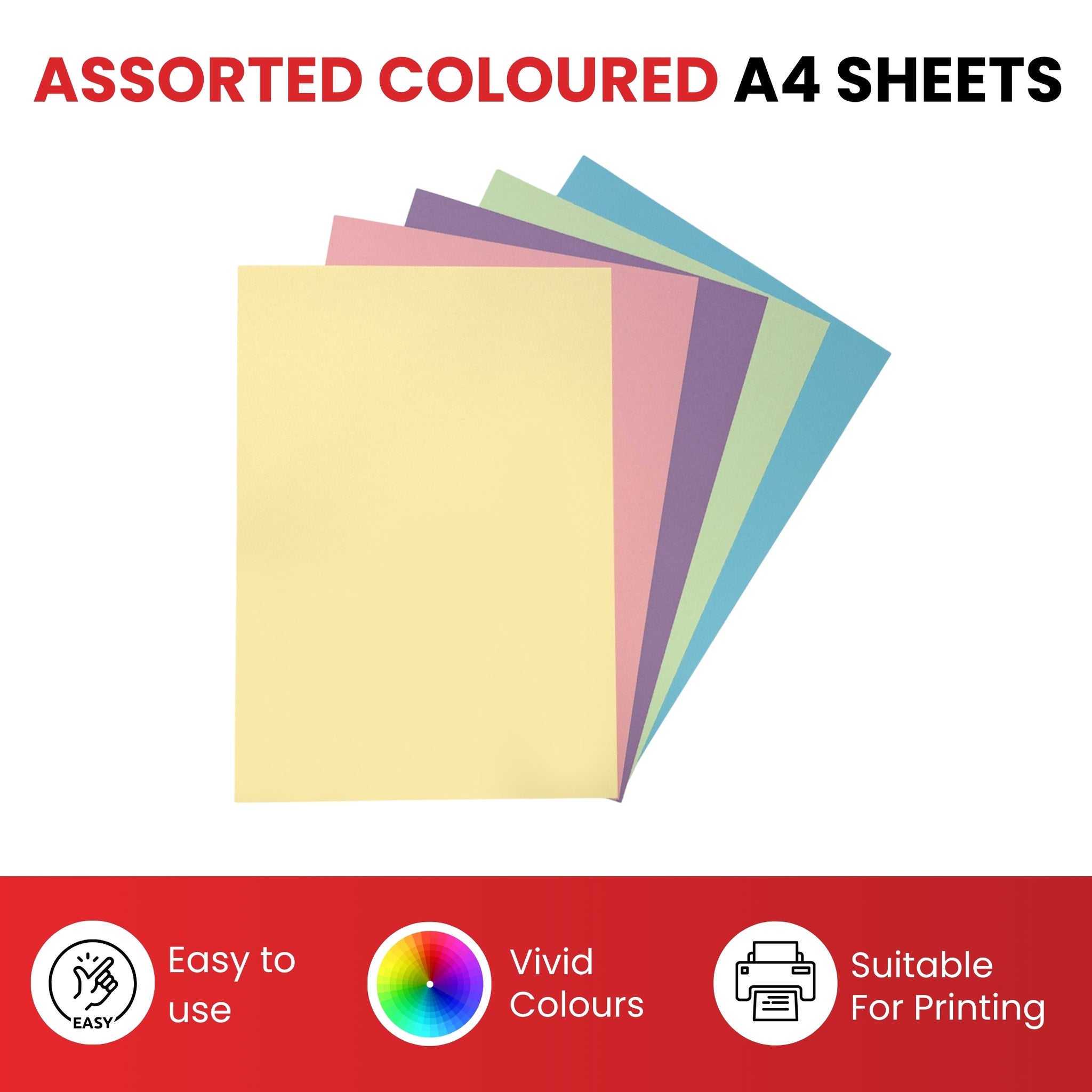 Pack of 100 A4 Assorted Pastel Coloured Paper 75gsm Sheets