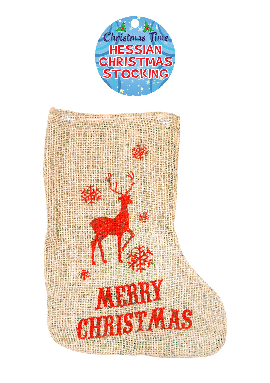 Christmas Stocking Hessian Reindeer Design 53 X 34 Cm {DC}