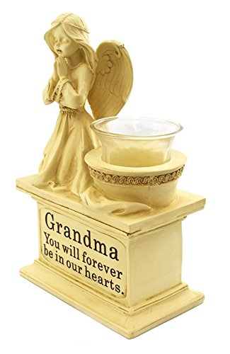 Graveside Memorial Angel Cherub Praying Kneeling with Glass T Lite Holder Cream Stone Finish - Grandma