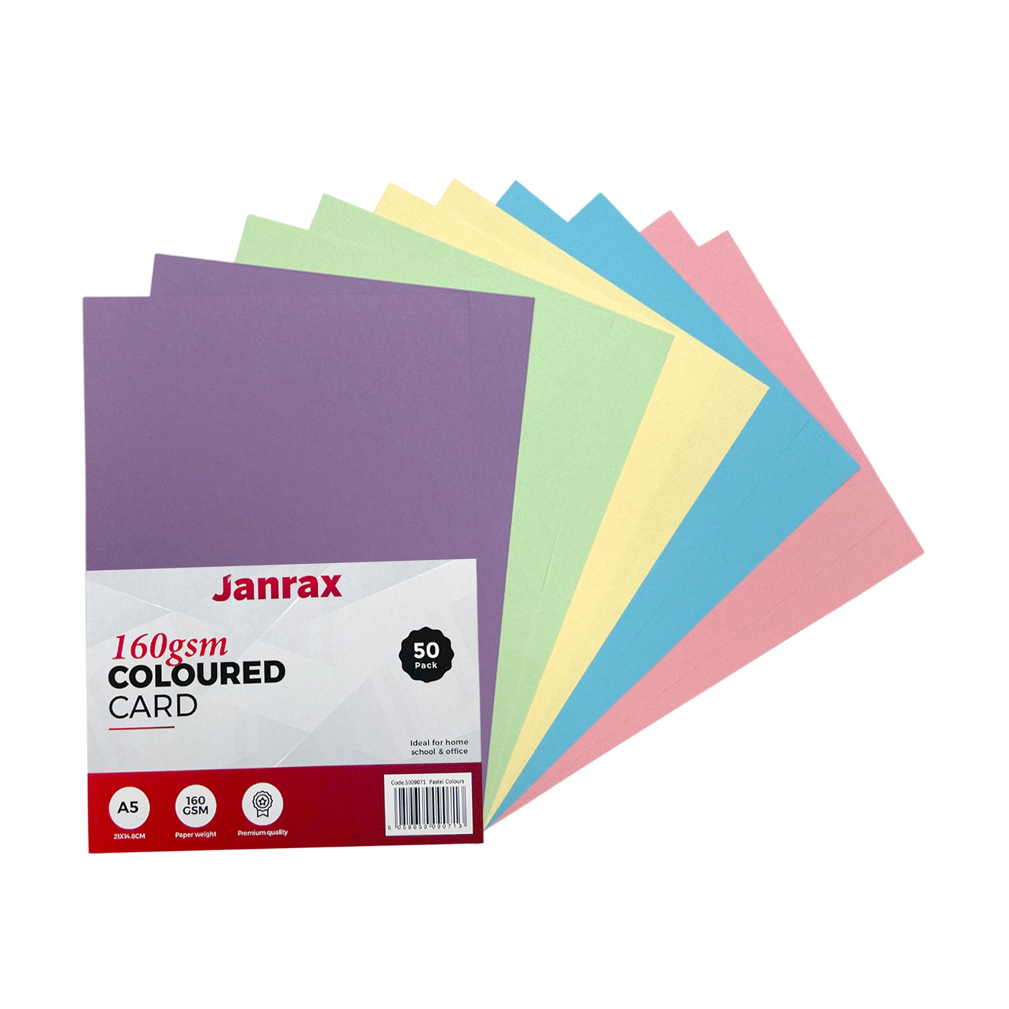Pack of 50 A5 Assorted Pastel Coloured Card 160gsm Sheets