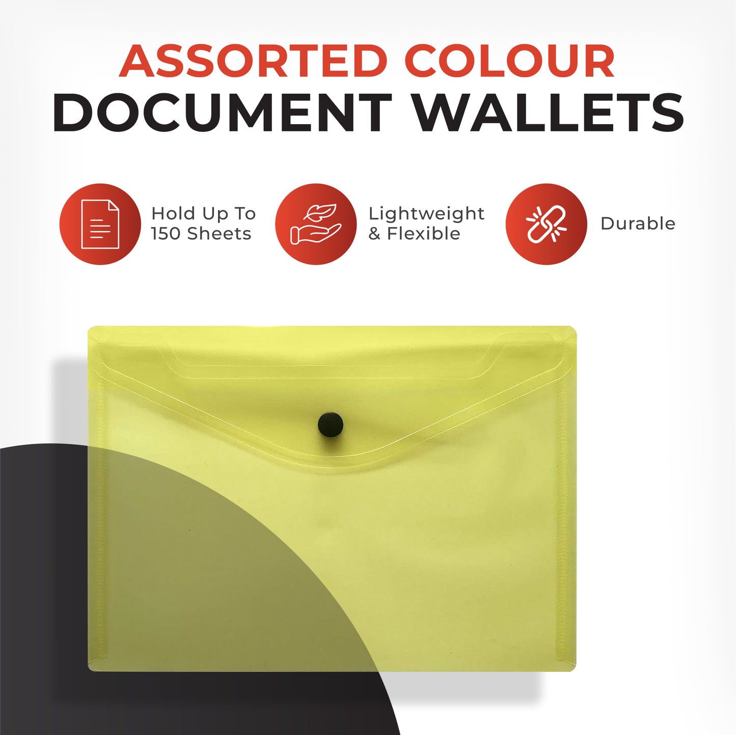 Pack of 20 A5 Assorted Colour Plastic Document Wallets Stud Button Closure Folders