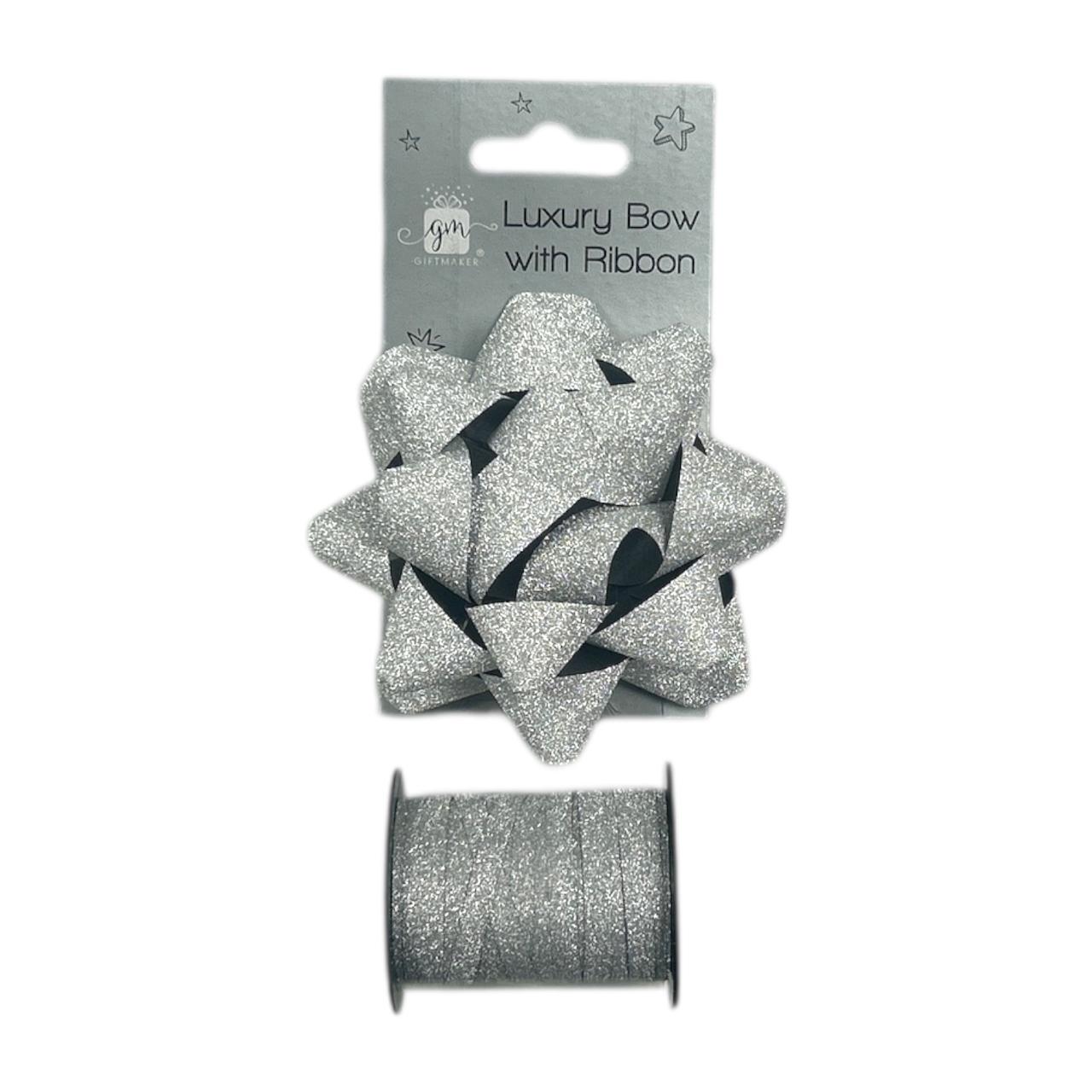 Luxury Sliver Glitter Bow With 8m Ribbon - Gift Wrap Christmas Birthday Decorations