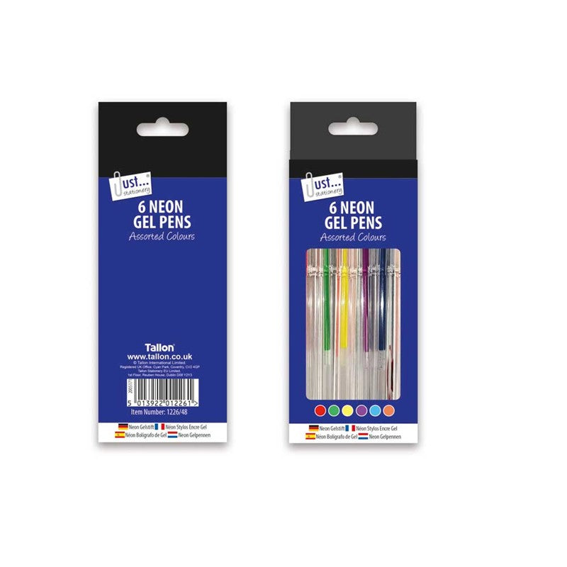 Pack of 6 Assorted Neon Coloured Gel Pens