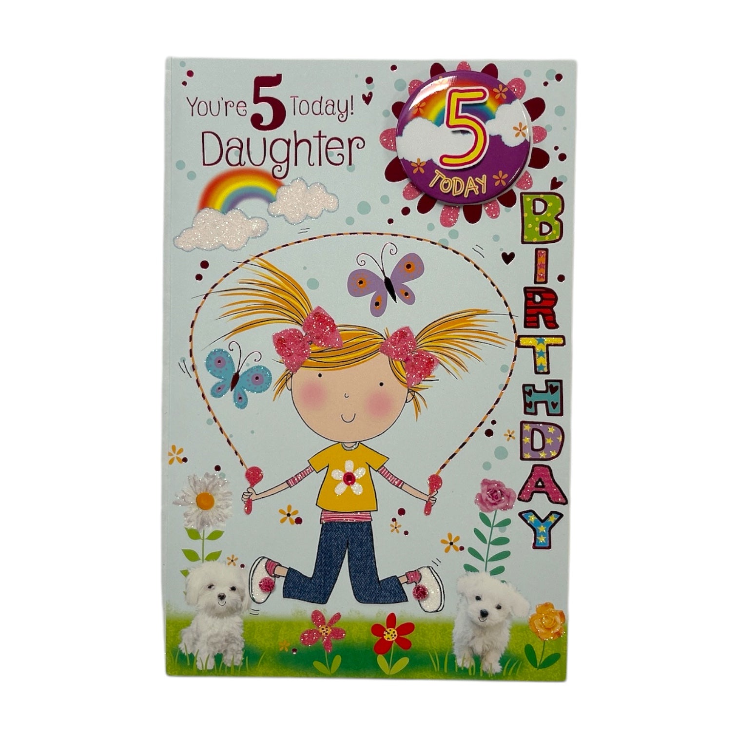 To Daughter Age 5 Girl Skipping Juvenile Birthday Card With Badge