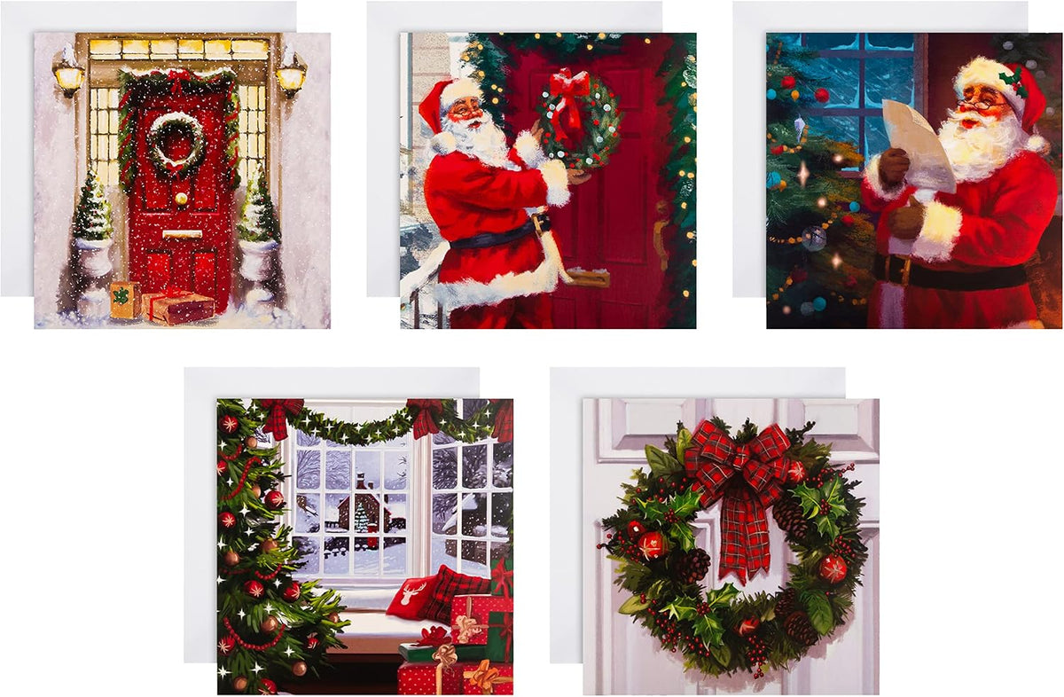Red Door, Wreath, Santa Claus, Thomas Kinkade 30 Multipack 5 Designs Charity Christmas Cards