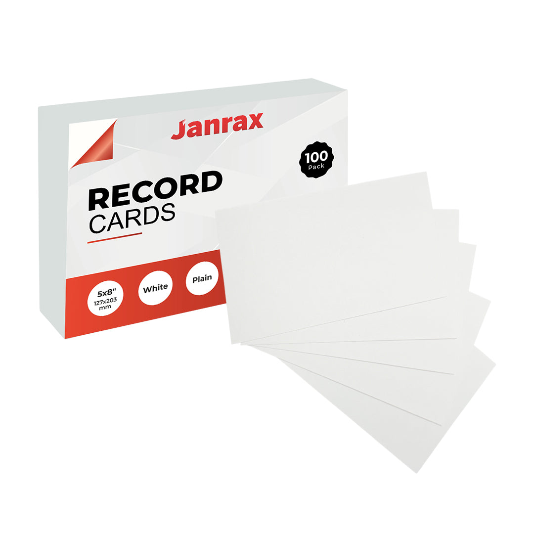 Pack of 100 White Plain 8x5" Record Cards – Blank Study Index Cards for Notes, Revision