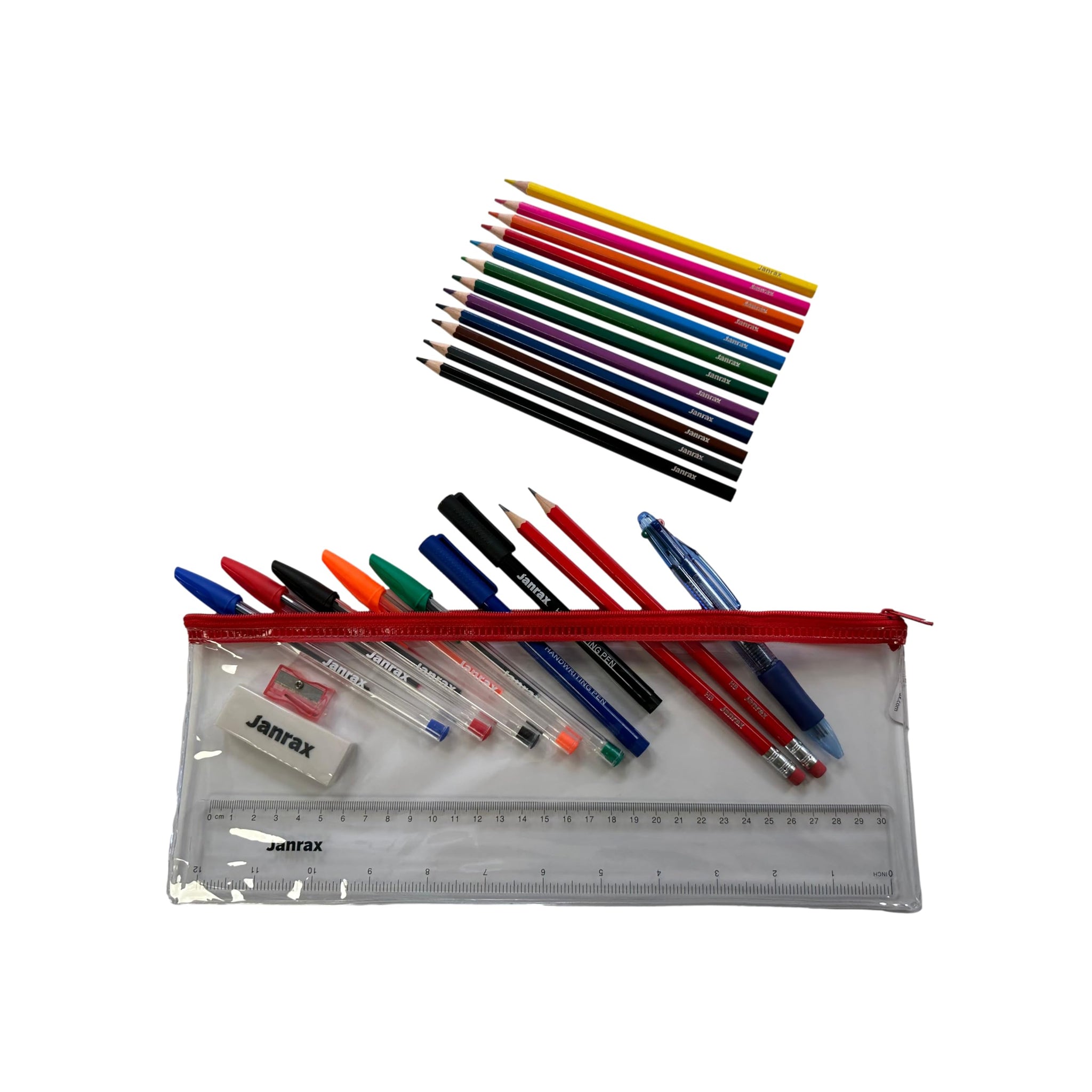 Stationery Filled Red Zip 13x5" Pencil Case with Colouring Pencils