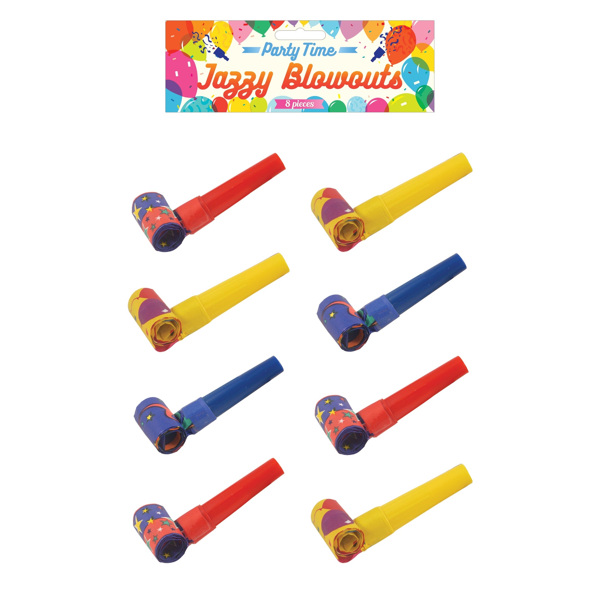 Pack of 8 Party Time Jazzy Design Blowout 4cm (Assorted colours) {DC}
