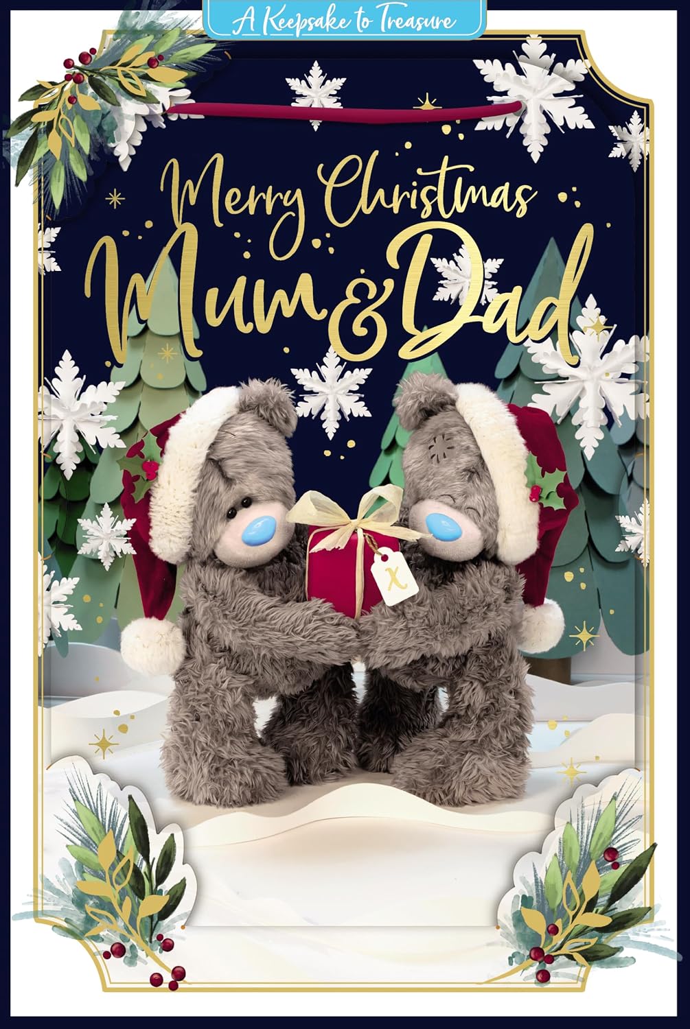 Bears Holding Gift Mum And Dad With Removable Lenticular Technology Keepsake Plaque Luxury 3D Christmas Card