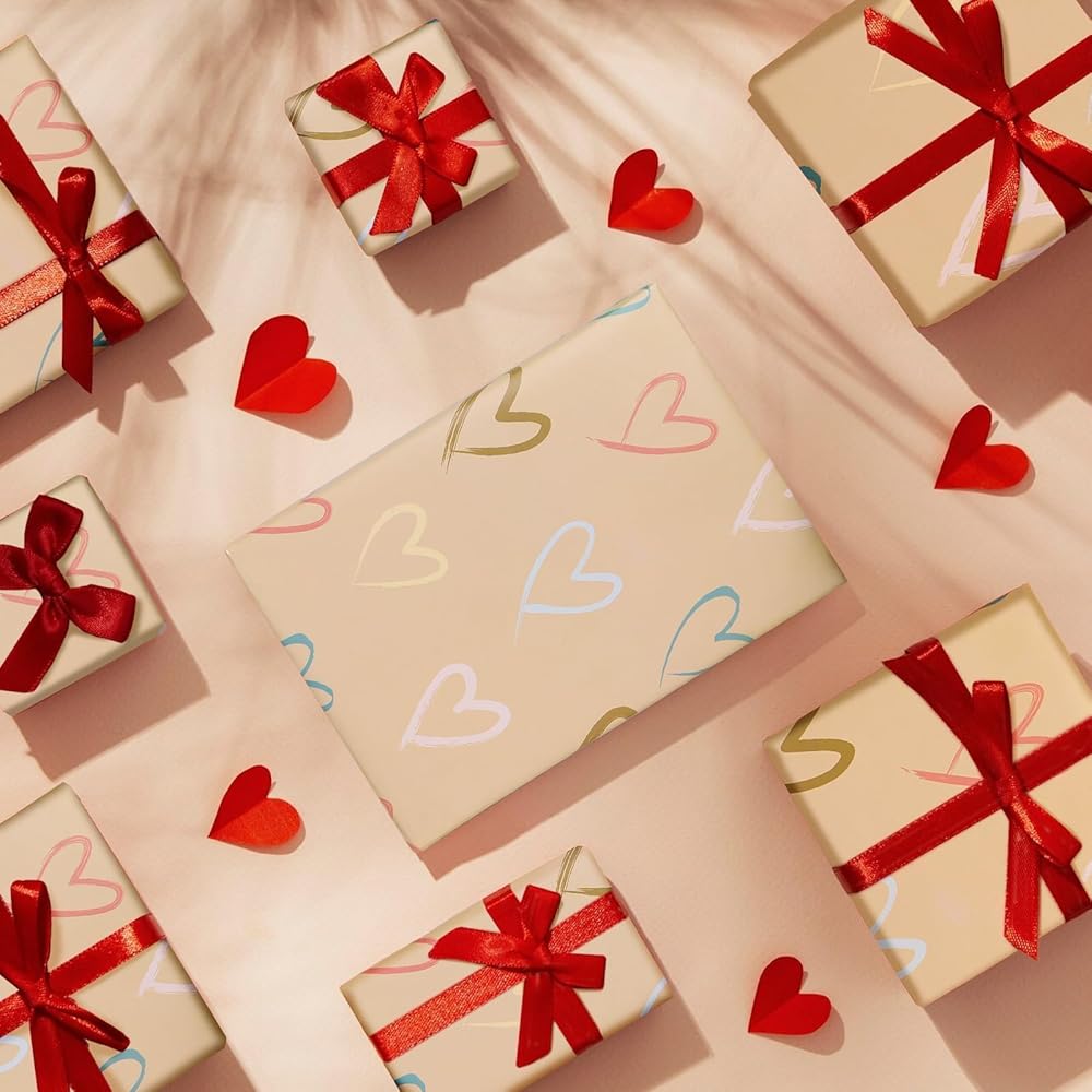 4 Sheets Wrapping Paper for Christmas Birthday Wedding Anniversary Valentines Colourful Love Hearts 