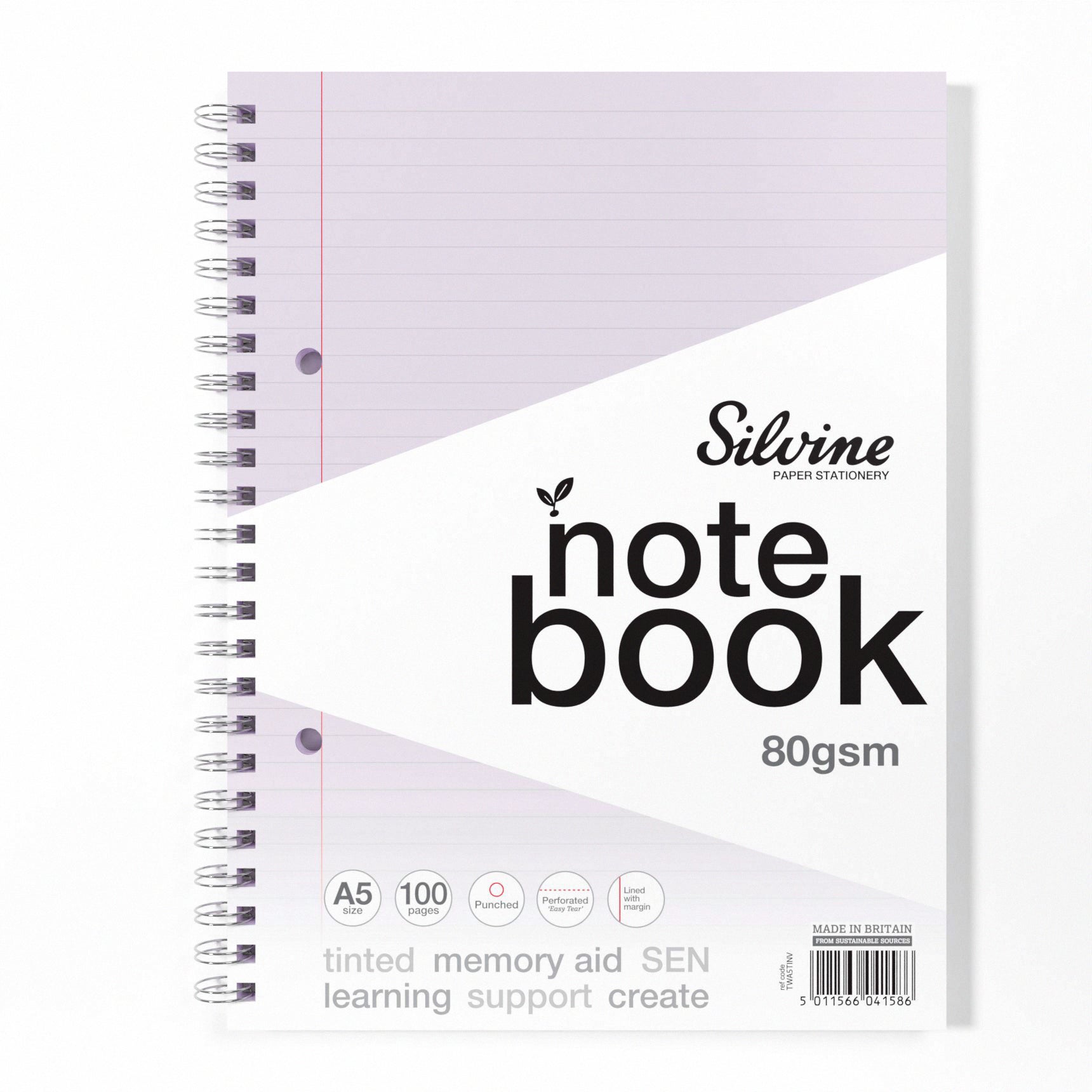 A5+ 100 Pages Twin Wire SEN Purple Paper Dyslexia Notebook - Lined with Margin