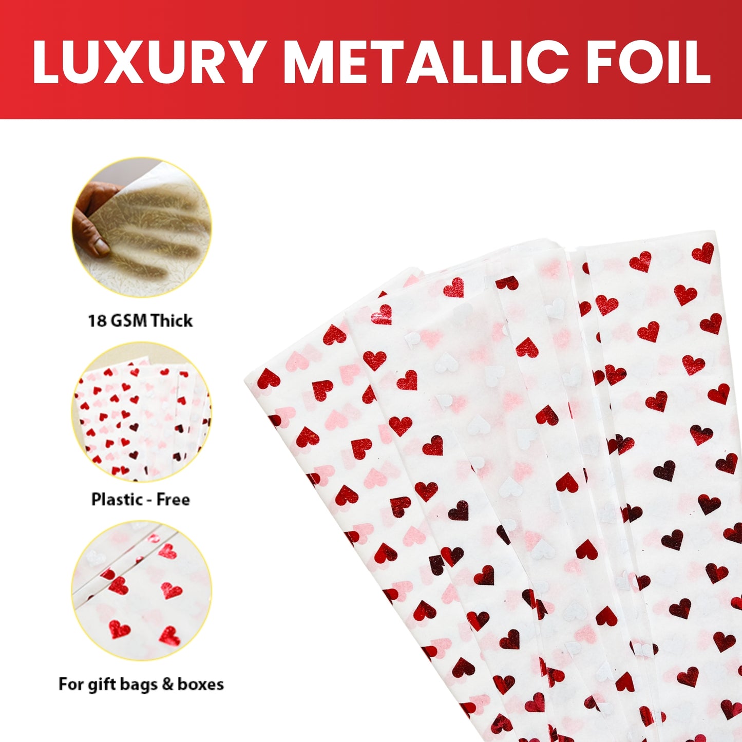 Pack of 10 Valentine Hearts Red Luxury Metallic Plastic-Free 18gsm Tissue Paper Sheets 50x70cm