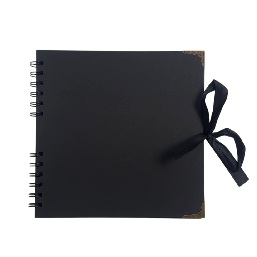 30 Sheets 20x20cm Spiral Bound 180gsm Black Scrapbook with Ribbon Closure and Metal Corners