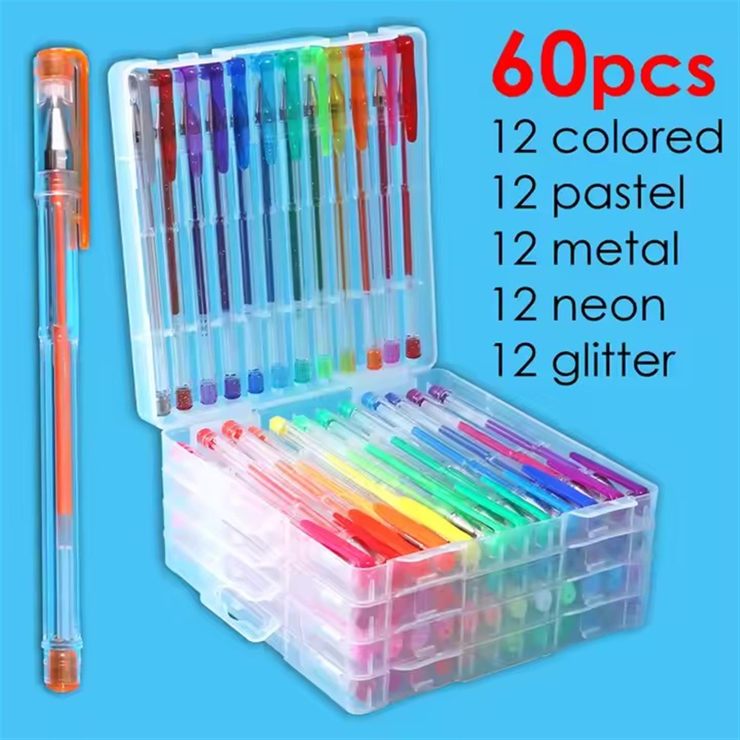 Pack of 60 Assorted Coloured Gel Ink Pens Set - Primary, Pastel, Metallic, Neon, Glitter