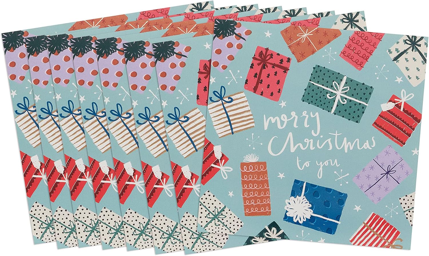 Multipack of 8 Bright Presents Design Charity Christmas Cards with Envelope