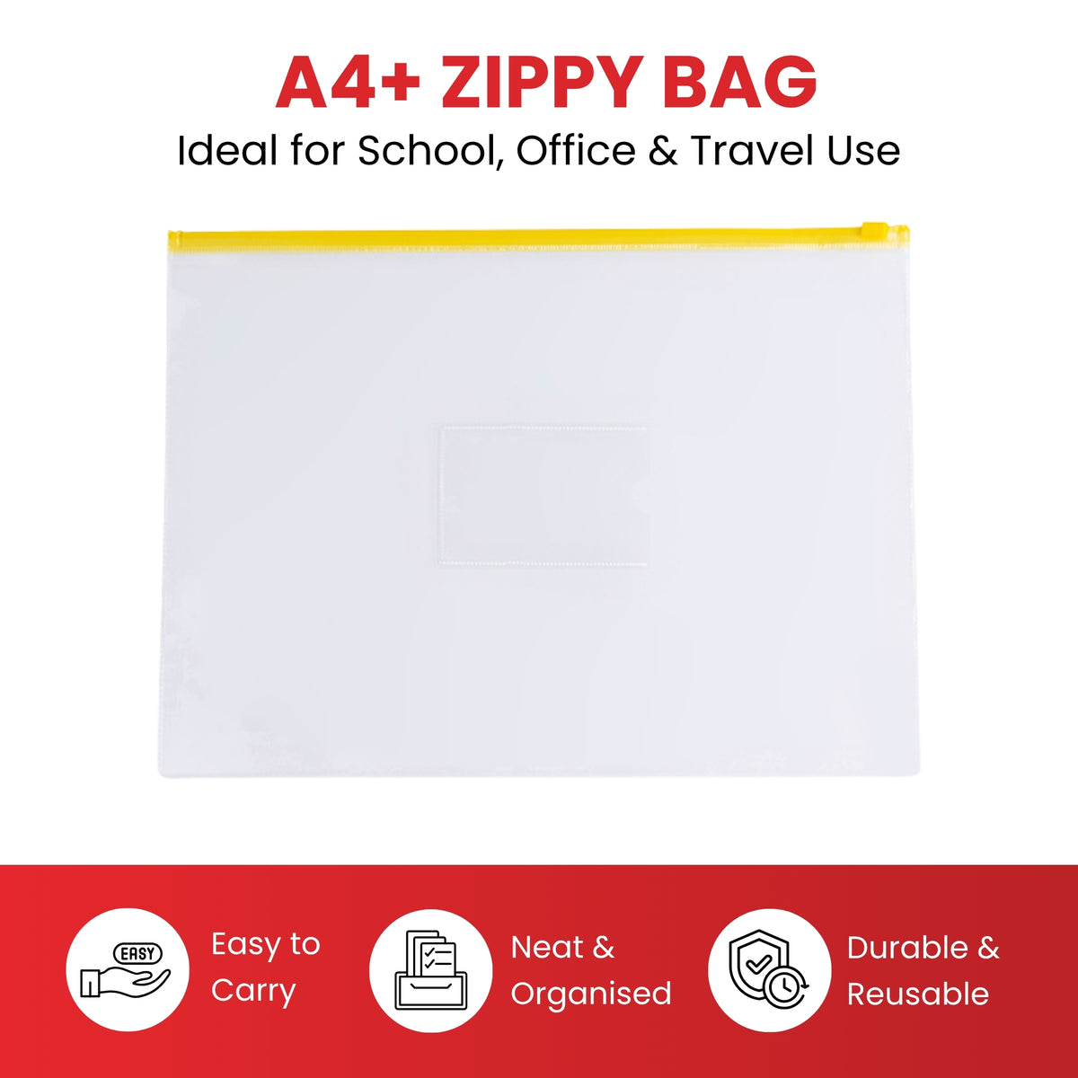 Pack of 12 A4+ Foolscap Clear Zippy Bags with Black Zip