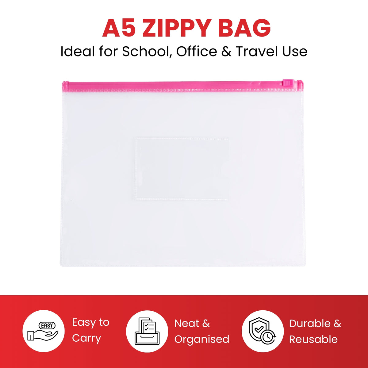 Pack of 12 A5 Clear Zippy Bags with Black Zip