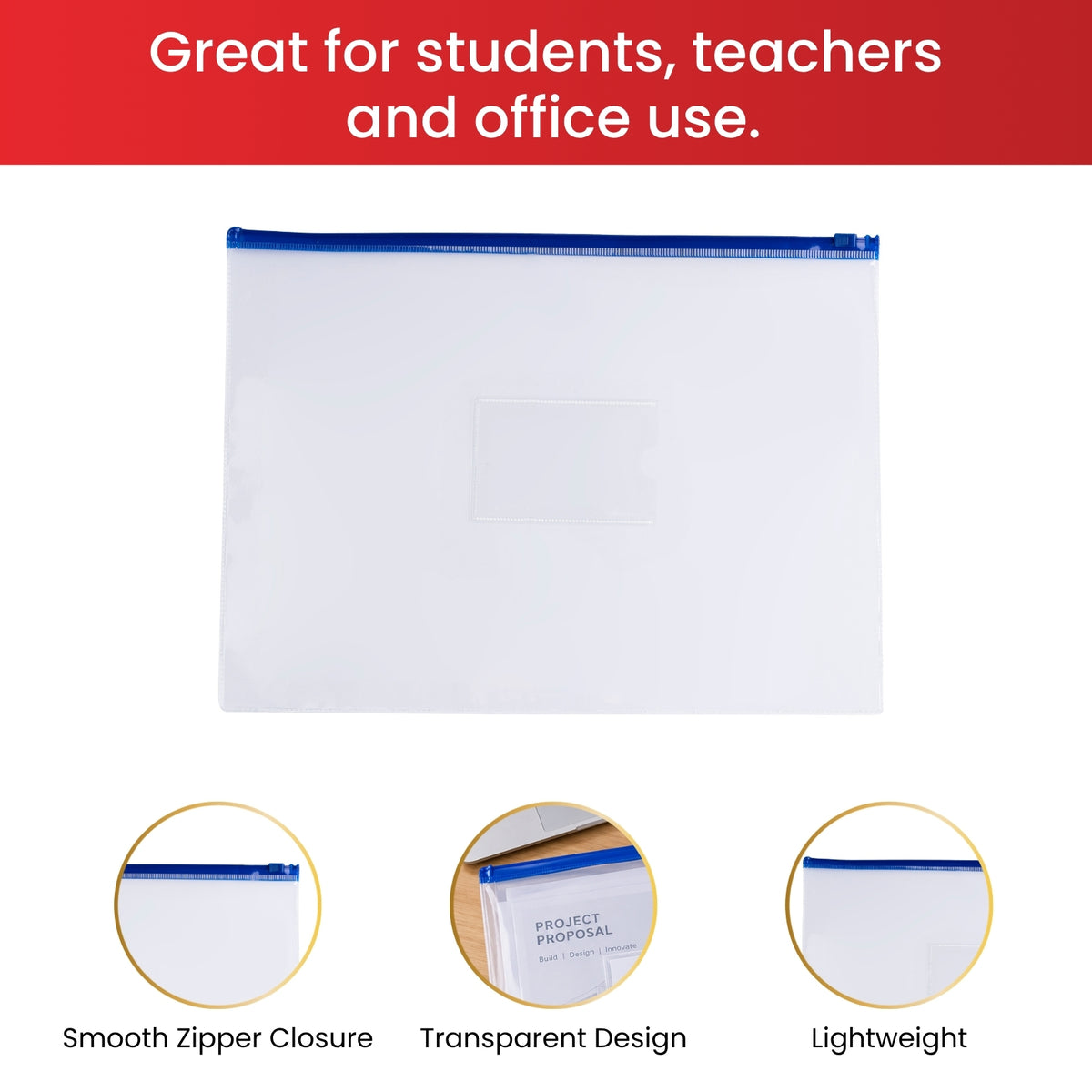 Pack of 12 A4 Clear Zippy Bags with Pink Zip