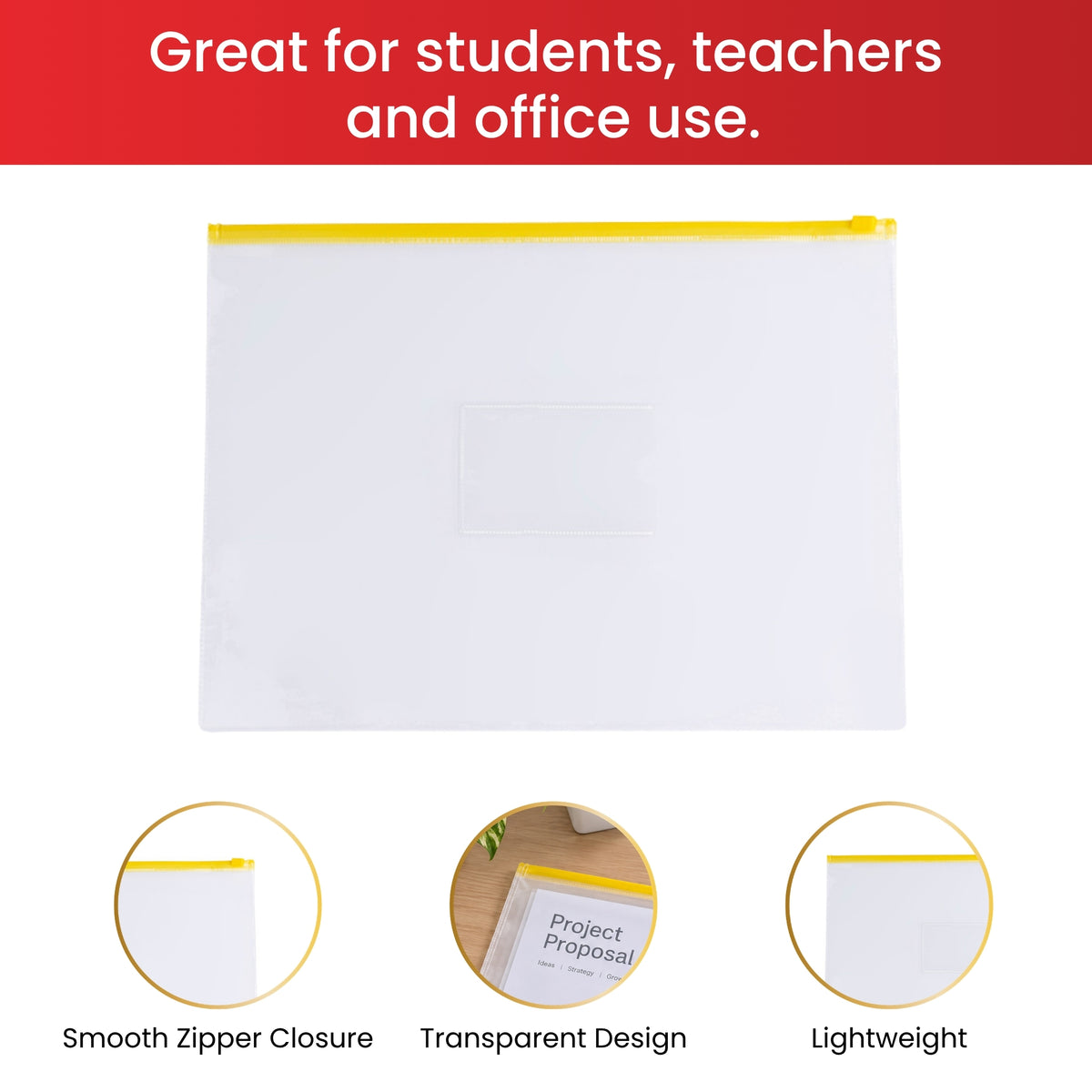 Pack of 12 A4+ Foolscap Clear Zippy Bags with Black Zip