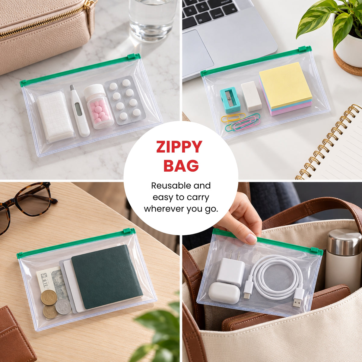 Pack of 12 A6 Clear Zippy Bags with Grey Zip