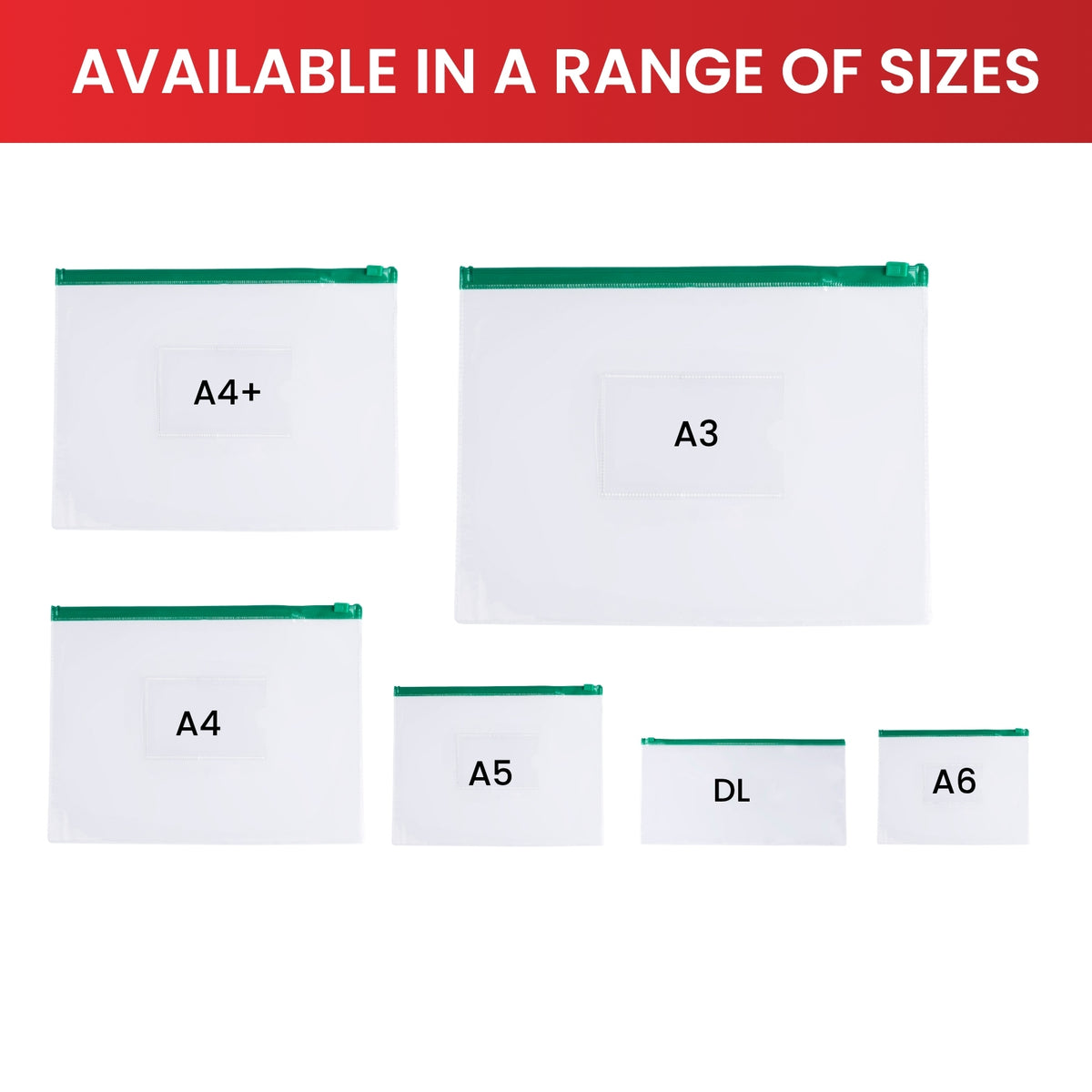 Pack of 12 A4+ Foolscap Clear Zippy Bags with Black Zip