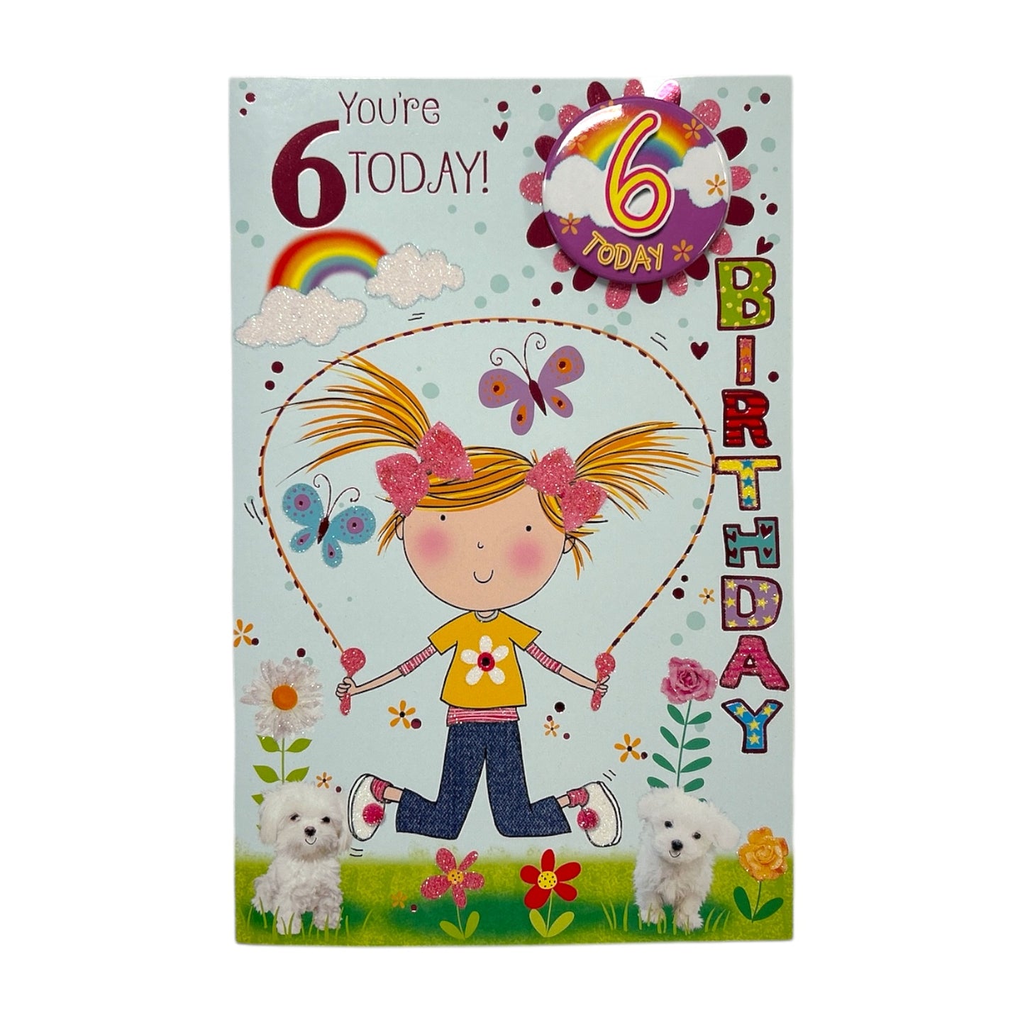 Age 6 Girl Skipping Juvenile Birthday Card With Badge