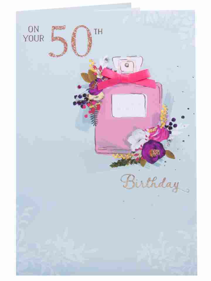 Perfume Bottle Surrounded By Glittery Flowers 50th Happy Birthday Card 