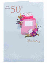 Perfume Bottle Surrounded By Glittery Flowers 50th Happy Birthday Card 